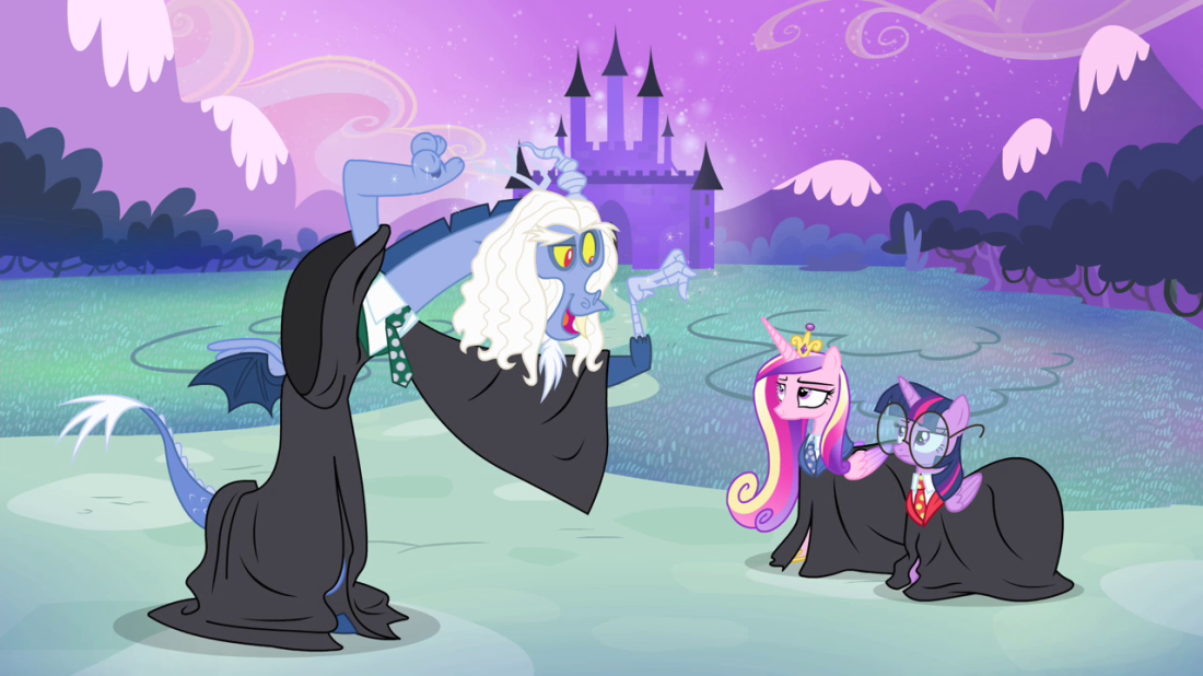 Discord,_Twilight_and_Cadance_wearing_black_robes_S4E11